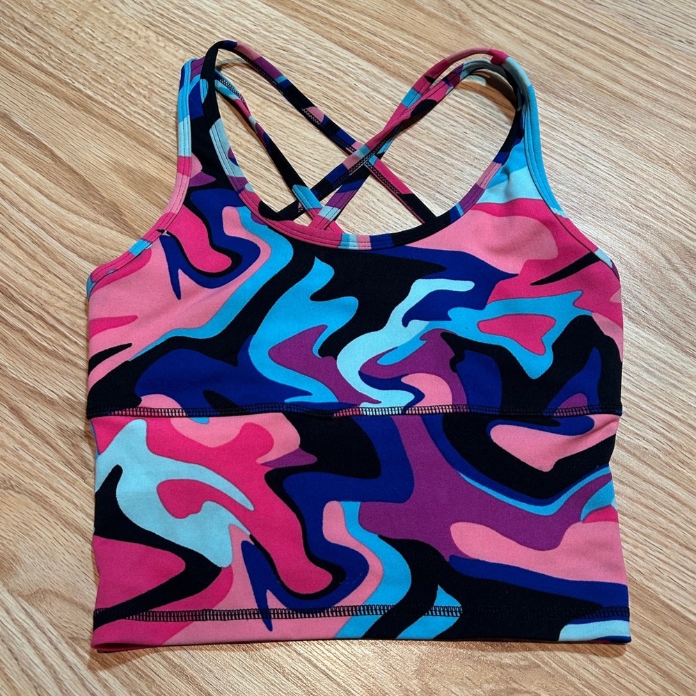 POP Fit Women Small Pink Blue Abstract Swirl Longline Colby Sports Bra small